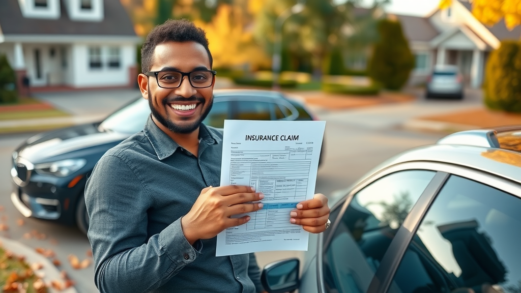 Multi-ethnic driver holding auto insurance claim paperwork with confidence after a car accident