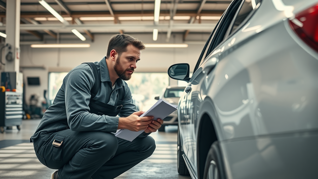 Insurance adjuster inspecting car damage after an accident - auto insurance claim investigation