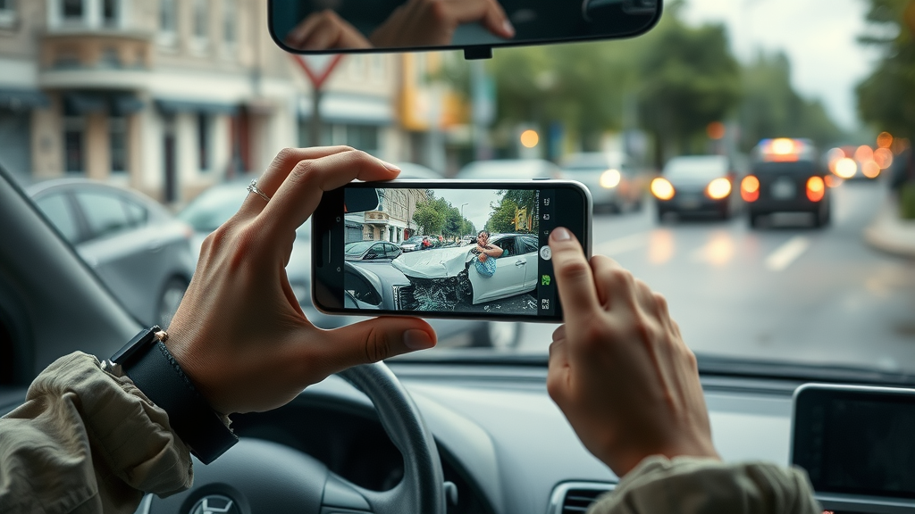 Responsible driver photographing car accident damage for auto insurance claims - evidence at the scene