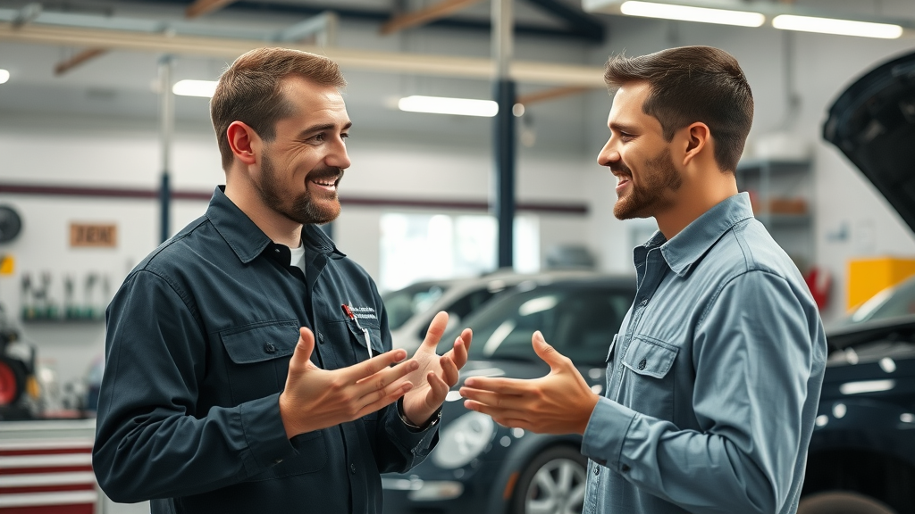 curious customer speaking with professional collision repair technician inside a clean body repair shop, learning about collision repair process