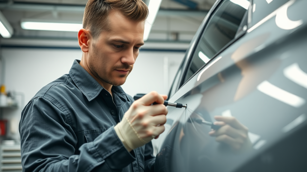 professional technician repairing dent on car panel with specialized tools inside an auto body repair shop
