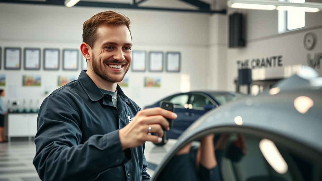 smiling customer examining their finished car in a spotless auto body repair shop with technician and certificates visible