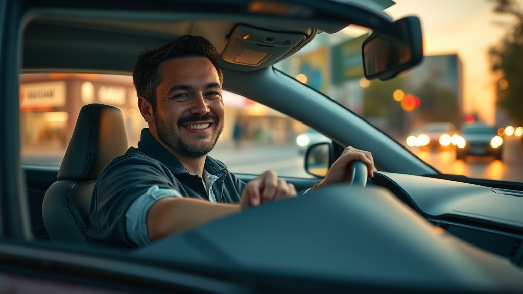 confident car owner driving newly repaired vehicle after collision repair, safe to drive and satisfied