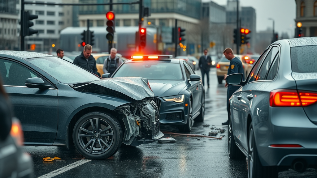 Detailed car accident scene involving modern vehicles with visible sensors, concerned drivers and onlookers, emergency personnel inspecting cars, ADAS tech highlighted in an urban intersection with city buildings and rain-slicked roads, emphasizing collision repair complexity