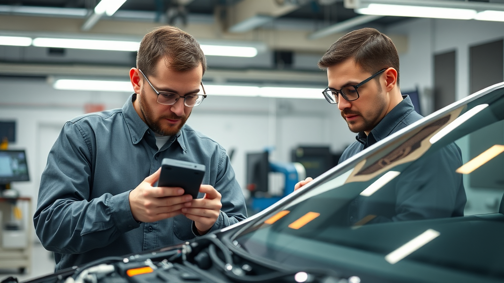 Technicians repairing a high-tech vehicle with ADAS sensors and wiring, using diagnostic devices and sensor calibration tools to demonstrate the collision repair process for ADAS-equipped vehicles