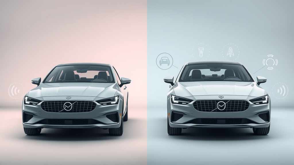 Side-by-side comparison of a car with traditional safety features and a car with advanced tech like radar sensors and cameras