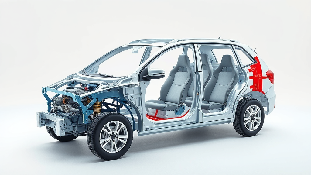 Technical illustration of a car frame with crumple zones and safety cell construction highlighted, showing passive safety features