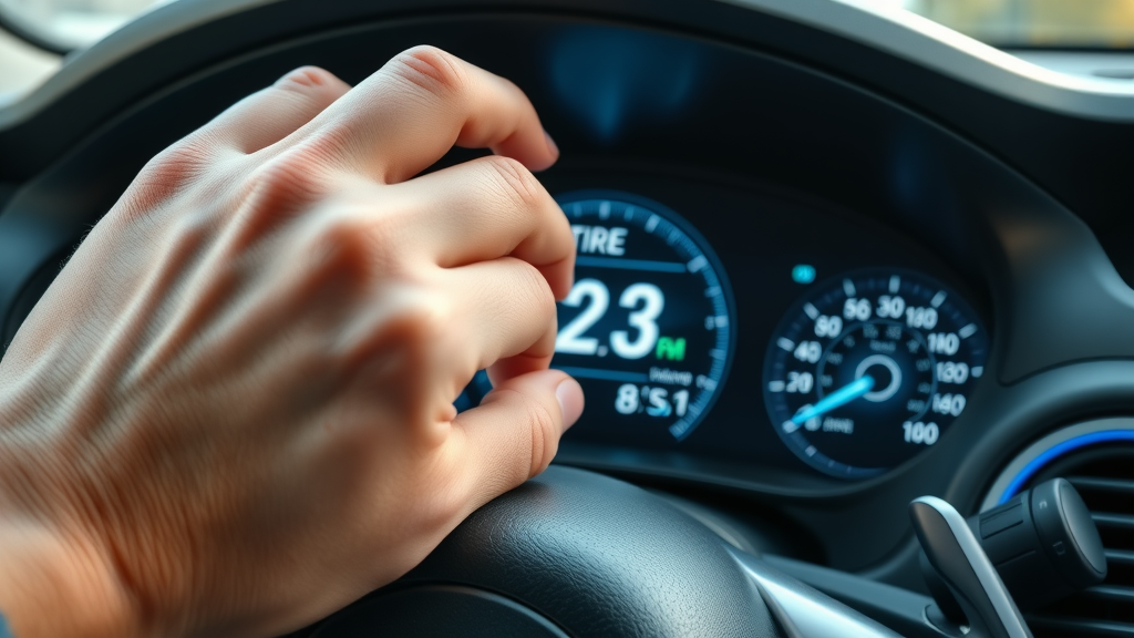 Close-up of tire pressure monitoring system dashboard, a key car safety technology for preventing accidents