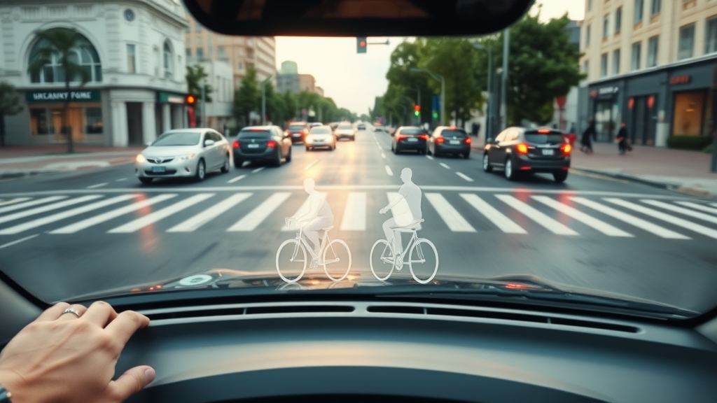 Vehicle dashboard camera point of view detecting a pedestrian and cyclist in an urban crosswalk with safety tech overlay