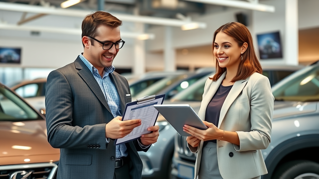 Car buyer and dealership expert reviewing an essential car safety features comparison checklist
